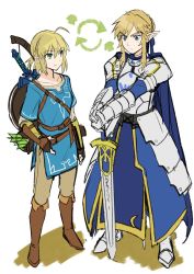 Rule 34 | 1boy, 1girl, ahoge, aono shimo, armor, armored dress, arrow (symbol), artoria pendragon (all), artoria pendragon (fate), bad id, bad twitter id, blonde hair, blouse, blue cape, blue dress, blue eyes, blue ribbon, blue shirt, boots, bow, braid, braided bun, brown footwear, brown pants, cape, closed mouth, collarbone, cosplay, costume switch, crossdressing, dress, excalibur (fate/stay night), fate/stay night, fate (series), faulds, fingerless gloves, full body, gauntlets, gloves, greaves, green eyes, hair between eyes, hair bun, hair ribbon, hand on belt, hands together, holding, holding sword, holding weapon, link, link (cosplay), long dress, looking at another, looking down, master sword, neck, nintendo, pants, pointy ears, ribbon, saber (fate), saber (fate) (cosplay), serious, shield, shirt, short hair, single hair bun, smile, standing, sword, the legend of zelda, the legend of zelda: breath of the wild, tunic, type-moon, v-shaped eyebrows, weapon, white background