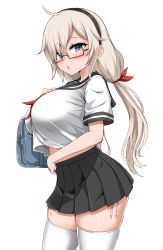 Rule 34 | 1girl, absurdres, bag, black sailor collar, black skirt, blue eyes, breasts, commentary, commission, crop top, crop top overhang, english commentary, glasses, hair ornament, hairband, highres, kim wang jang, korean commentary, large breasts, light brown hair, long hair, midriff peek, mixed-language commentary, navel, original, parted lips, pleated skirt, red-framed eyewear, red neckwear, sailor collar, school bag, school uniform, semi-rimless eyewear, serafuku, shirt, simple background, skirt, solo, thighhighs, under-rim eyewear, uniform, white background, white shirt
