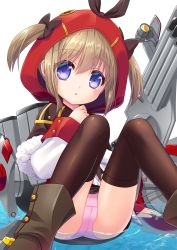 Rule 34 | 1girl, :o, arm support, ass, azur lane, black capelet, black skirt, black thighhighs, boots, bow, brown bow, brown footwear, brown ribbon, capelet, commentary request, cowboy shot, fur-trimmed capelet, fur trim, hair between eyes, hair through headwear, highres, hood, hood up, hooded capelet, knees up, light brown hair, long sleeves, looking at viewer, machinery, norfolk (azur lane), panties, pantyshot, pink panties, purple eyes, red hood, ribbon, rigging, s nyaau, searchlight, shirt, sidelocks, simple background, sitting, sitting on liquid, skirt, solo, thighhighs, torpedo, twintails, underwear, white background, white shirt