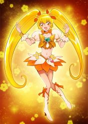 Rule 34 | 10s, 1girl, blonde hair, boots, bow, brooch, choker, cure sunshine, hair ribbon, heart, heart brooch, heartcatch precure!, hyt178, knee boots, long hair, looking at viewer, magical girl, midriff, myoudouin itsuki, navel, open mouth, orange bow, orange skirt, precure, ribbon, skirt, solo, twintails, yellow background, yellow bow, yellow eyes