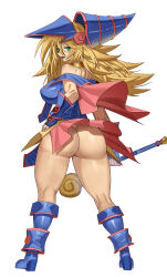 1girl ass ass_focus bare_shoulders blonde_hair blush blush_stickers boots bottomless breasts come_hither dark_magician_girl detached_sleeves dress from_behind gamjasssak green_eyes helmet huge_ass large_breasts long_hair looking_at_viewer looking_back naughty_face open_mouth short_dress sideboob skirt smile solo staff wand yu-gi-oh!