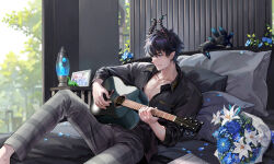 Rule 34 | 1boy, acoustic guitar, bed, black hair, black horns, black shirt, blue eyes, blue flower, blue rose, blurry, blurry background, bouquet, branch, breast pocket, closed eyes, closed mouth, collarbone, collared shirt, commentary, day, dress shirt, earrings, english commentary, flower, flower request, grey pants, guitar, hair between eyes, highres, holding, holding instrument, horns, indoors, instrument, jewelry, knee up, lava lamp, light particles, lily (flower), long sleeves, looking down, male focus, multiple earrings, music, nightstand, nijisanji, nijisanji en, on bed, open collar, pants, paper, pectoral cleavage, pectorals, petals, picture frame, pillow, plaid, plaid pants, playing instrument, pocket, pointy ears, ren zotto, rose, sheet music, shirt, short hair, sitting, sleeping, smile, smirk, solo, table, tree, virtual youtuber, white flower, window, window blinds, wing collar, yumi (yumimi2434)