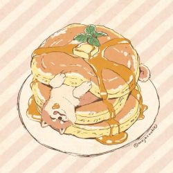 Rule 34 | animal, animal focus, artist name, butter, dog, closed eyes, food, food focus, leaf, lying, mojacookie, no humans, on back, original, pancake, plate, smile, pancake stack, striped, striped background, syrup, tongue, tongue out