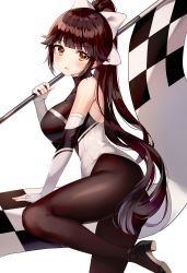 Rule 34 | 1girl, absurdres, azur lane, bare shoulders, black footwear, black hair, bodysuit, breasts, brown eyes, brown pantyhose, checkered flag, churi (oxxchurixxo), elbow gloves, fingerless gloves, flag, from side, gloves, high heels, highres, holding, large breasts, leg up, leotard, long hair, looking at viewer, looking to the side, pantyhose, ponytail, race queen, simple background, solo, takao (azur lane), takao (full throttle charmer) (azur lane), thighs, very long hair, white background