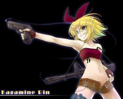 Rule 34 | 1girl, aqua eyes, armpits, assault rifle, bandeau, bespectacled, blonde hair, bow, character name, earrings, female focus, finger on trigger, fingerless gloves, glasses, gloves, grin, gun, hair bow, hair ornament, hairclip, handgun, holding, holding gun, holding weapon, jewelry, kagamine rin, m4 carbine, midriff, porurin (do-desho), rifle, semi-automatic firearm, safety glasses, short hair, shorts, smile, smoke, smoking gun, solo, strapless, thigh strap, tinted eyewear, tube top, unzipped, vocaloid, weapon, yellow-tinted eyewear