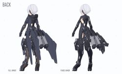 Rule 34 | 1girl, armor, arms at sides, english text, from behind, full body, grey hair, highres, makadamixa, mecha musume, mechanical legs, original, science fiction, short hair, standing
