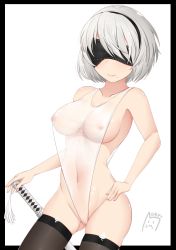 Rule 34 | 1girl, bad id, bad pixiv id, bare shoulders, black border, black hairband, black thighhighs, blindfold, border, breasts, cameltoe, cleft of venus, collarbone, covered erect nipples, covered eyes, covered navel, cowboy shot, fingernails, gluteal fold, groin, hair over eyes, hairband, hand on hilt, hand on own hip, highleg, highleg leotard, highres, katana, legs apart, leotard, lomocya, looking at viewer, medium breasts, mole, mole under mouth, nier (series), nier:automata, nipples, pink lips, revealing clothes, see-through, shiny clothes, shiny skin, short hair, silver hair, skindentation, smile, solo, sword, tassel, thick thighs, thighhighs, thighs, weapon, white leotard, wide hips, 2b (nier:automata)
