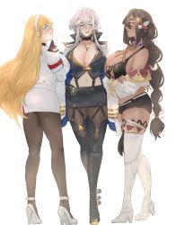Rule 34 | 3girls, absurdres, azur lane, black choker, black footwear, black gloves, black legwear, black shorts, black skirt, blonde hair, blue eyes, blush, boots, breasts, choker, cleavage, cross, cross necklace, crossed arms, epaulettes, feather hair ornament, feathers, full body, gloves, grey hair, hair ornament, hands on own hips, high heels, highres, jacket, jacket on shoulders, jewelry, kyuu (8bitkyuu), large breasts, long hair, long sleeves, looking at viewer, midriff, mole, mole on breast, multiple girls, native american, navel, necklace, north carolina (azur lane), one eye closed, pantyhose, shorts, skirt, south dakota (azur lane), sparkle, thigh boots, thighhighs, washington (azur lane), white footwear, white jacket, white skirt, yellow eyes