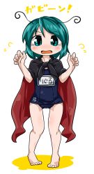 Rule 34 | 1girl, alternate costume, byourou, cape, chibi, flying sweatdrops, green eyes, green hair, matching hair/eyes, name tag, one-piece swimsuit, open mouth, school swimsuit, short hair, simple background, solo, standing, swimsuit, tears, text focus, touhou, translation request, white background, wriggle nightbug