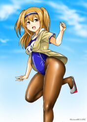 Rule 34 | 1girl, blue one-piece swimsuit, blue sky, breasts, brown eyes, brown pantyhose, clothes writing, cloud, cloudy sky, day, hairband, i-26 (kancolle), kantai collection, kudou (ooabareteng), large breasts, light brown hair, looking at viewer, name tag, new school swimsuit, one-piece swimsuit, pantyhose, pantyhose under swimsuit, sailor collar, school swimsuit, short sleeves, sky, solo, standing, standing on one leg, swimsuit, swimsuit under clothes, thighs, two-tone hairband, two side up