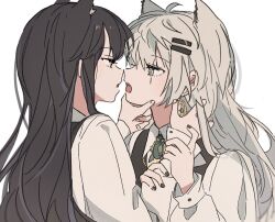 Rule 34 | 2girls, animal ear fluff, animal ears, arknights, black hair, black nails, brown eyes, collared shirt, earrings, extra ears, eye contact, fangs, from side, grey eyes, grey hair, hair between eyes, hair ornament, hairclip, hand on another&#039;s chin, holding, holding another&#039;s arm, imminent kiss, jewelry, lappland (arknights), long hair, long sleeves, looking at another, multiple girls, nail polish, open mouth, profile, scar, scar across eye, scar on face, seri (vyrlw), shirt, simple background, texas (arknights), tongue, tongue out, upper body, white background, white shirt, wolf ears, wolf girl, yuri