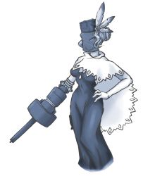 Rule 34 | 1girl, amputee, aquabubbles, arm cannon, black dahlia, blue theme, breasts, dress, elbow gloves, full body, gloves, grenade launcher, gun, hair bun, hand on own hip, hat, hat feather, large breasts, long dress, monochrome, prosthesis, prosthetic arm, single hair bun, skullgirls, solo, veil, water (aquabubbles), weapon