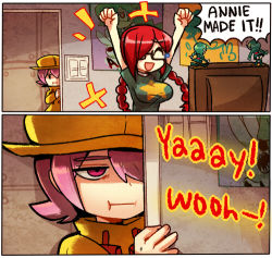 Rule 34 | 2girls, 2koma, :t, alternate costume, alternate hairstyle, annie (skullgirls), annie (skullgirls) (cosplay), annie of the stars (cosplay), arms up, braid, breasts, closed eyes, comic, computer, cosplay, empty eyes, english text, figure, glasses, gloom (expression), happy, hat, impossible clothes, impossible shirt, jitome, kataro, large breasts, long hair, lowres, md5 mismatch, multiple girls, parasoul (skullgirls), pink eyes, pink hair, poster (medium), poster (object), raincoat, red hair, resolution mismatch, shirt, short hair, siblings, sisters, skullgirls, smile, source larger, tears, thighhighs, twin braids, umbrella (skullgirls)