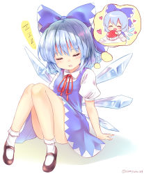 Rule 34 | 1girl, ^ ^, arm support, ass, bare legs, black footwear, blue bow, blue dress, blue hair, blush, bobby socks, bow, breasts, cake, chibi, cirno, closed eyes, commentary request, convenient leg, dress, food, fruit, full body, hair bow, head tilt, heart, highres, ice, ice wings, mary janes, neck ribbon, open mouth, pinafore dress, puffy short sleeves, puffy sleeves, ramudia (lamyun), red ribbon, ribbon, shirt, shoes, short dress, short sleeves, simple background, sitting, sleeping, sleeping upright, sleeveless dress, small breasts, socks, solo, strawberry, strawberry shortcake, thighs, thought bubble, touhou, translation request, white background, white shirt, white socks, wings, zzz