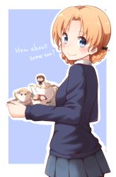 Rule 34 | 10s, 5girls, assam (girls und panzer), bad id, bad pixiv id, black bow, blue background, blue eyes, blue skirt, blue sweater, blush, bow, braid, brown hair, closed mouth, commentary, cup, darjeeling (girls und panzer), dress shirt, english text, from behind, girls und panzer, hair bow, highres, holding, kapatarou, long sleeves, looking at viewer, looking back, mini person, minigirl, miniskirt, multiple girls, orange hair, orange pekoe (girls und panzer), outside border, pantyhose, parted bangs, pleated skirt, red hair, rosehip (girls und panzer), rukuriri (girls und panzer), saucer, school uniform, shirt, short hair, skirt, smile, standing, sweater, teacup, teapot, tray, twin braids, upper body, v-neck, white shirt