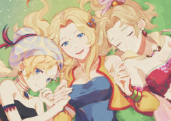 Rule 34 | 3girls, amano yoshitaka design, blonde hair, blue eyes, breasts, cape, celes chere, cleavage, earrings, closed eyes, final fantasy, final fantasy vi, hair ornament, hat, highres, holding hands, jewelry, looking at viewer, lying, medium breasts, multiple girls, on grass, purple eyes, relm arrowny, smile, strapless, tina branford, tube top, upper body, vest, yawai tofu