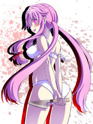 Rule 34 | 1girl, blush, bow, bra, breasts, from behind, gasai yuno, hair bow, knife, lingerie, long hair, looking back, mirai nikki, open mouth, panties, pink eyes, pink hair, ringo sui, smile, solo, strap slip, twintails, underwear, underwear only, very long hair, weapon, white bra, white panties, yandere