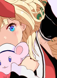 Rule 34 | 1girl, armpits, black shirt, black sleeves, blonde hair, blue eyes, closed mouth, commentary request, detached sleeves, frown, highres, hugging doll, hugging object, long hair, looking at viewer, mahjong soul, materiara, medium bangs, mikami chiori, neckerchief, reaching, reaching towards viewer, red neckerchief, sailor collar, school uniform, serafuku, shirt, solo, stuffed animal, stuffed toy, teddy bear, upper body, white sailor collar