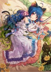 Rule 34 | 1girl, ahoge, animal ears, barefoot, bed sheet, black cat, blue bow, blue bowtie, blue hair, blush, book, bosack, bow, bowtie, cat, cat ears, cat tail, commentary request, curly hair, detached sleeves, dress, flower, frilled dress, frilled skirt, frills, green hair, hair bow, long hair, long sleeves, looking at viewer, lying, multicolored hair, on side, original, parted lips, pink bow, red eyes, skirt, solo, tail, twitter username, two-tone hair