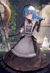 Rule 34 | 1girl, alternate costume, apron, arm warmers, black dress, black hairband, blue eyes, braid, braided ponytail, closed mouth, dress, enmaided, glasses, hairband, highres, hololive, hoshimachi suisei, long hair, looking at viewer, maid, maid apron, polearm, round eyewear, smile, solo, teapot, virtual youtuber, weapon, white apron, xyunx