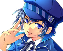 Rule 34 | 1girl, androgynous, atlus, blue eyes, blue hair, cabbie hat, hat, kairi (oro-n), matching hair/eyes, persona, persona 4, reverse trap, shirogane naoto, short hair, simple background, smile, solo, upper body, white background