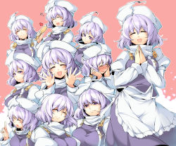 Rule 34 | 1girl, :d, beihan, blush, breasts, eating, expressions, closed eyes, female focus, food, food on face, hands on own face, hat, highres, index finger raised, kokka han, large breasts, letty whiterock, light purple hair, multiple persona, no headwear, no headwear, open mouth, outstretched hand, own hands together, purple eyes, purple hair, rice, short hair, smile, smirk, spoon, touhou