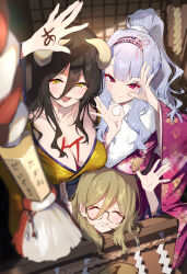 3girls ^_^ akane_(blue_archive) albedo_(overlord) black-framed_eyewear black_hair blonde_hair blue_archive blush body_writing breasts cleavage closed_eyes collarbone commentary crossover demon_horns furisode glasses hair_between_eyes highres horns idolmaster idolmaster_(classic) idolmaster_million_live! japanese_clothes kimono large_breasts long_hair_between_eyes looking_at_viewer midnamana multiple_crossover multiple_girls ok_sign ok_sign_over_eye overlord_(maruyama) purple_hair rope shijou_takane shimenawa smile symbol-only_commentary