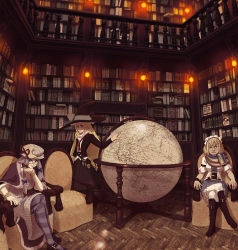 Rule 34 | 3girls, alice margatroid, belt, bespectacled, blonde hair, blue dress, bookshelf, boots, bow, bracelet, braid, crescent, cross-laced footwear, crossed legs, dress, full body, glasses, globe, grin, hair bow, hair ornament, hairband, hat, hat ribbon, highres, jacket, jewelry, kirisame marisa, lace-up boots, library, long hair, long sleeves, looking at viewer, mary janes, mob cap, multiple girls, pantyhose, patchouli knowledge, purple hair, purple legwear, red-framed eyewear, ribbon, scarf, shirt, shoes, short hair, short sleeves, side braid, single braid, sitting, skirt, smile, smirk, soumakyo, striped clothes, striped dress, striped legwear, striped pantyhose, thighhighs, touhou, vest, voile, white legwear, witch hat