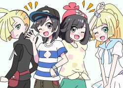 Rule 34 | 2boys, 2girls, ;d, ahoge, arm up, baseball cap, beanie, black pants, blonde hair, blush stickers, bracelet, braid, brown pants, clenched hand, closed mouth, collarbone, commentary request, creatures (company), ear piercing, elio (pokemon), eyelashes, floral print, game freak, gladion (pokemon), green eyes, green shorts, grey eyes, hat, hood, hood down, hoodie, jewelry, lillie (pokemon), long hair, looking at viewer, looking back, miin (toukotouya), multiple boys, multiple girls, nintendo, one eye closed, open mouth, pants, piercing, pleated skirt, pokemon, pokemon sm, ponytail, red bag, sailor collar, selene (pokemon), shirt, short hair, short sleeves, shorts, skirt, smile, striped clothes, striped shirt, tied shirt, tongue, white shirt, white skirt, yellow shirt