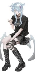 Rule 34 | 1girl, absurdres, band shirt, black footwear, black shirt, black skirt, blue eyes, blue hair, blush, boots, breasts, chain, checkered clothes, collar, cross, crucifix, dragon girl, dragon tail, elira pendora, garter straps, goth fashion, guriddopitto, hair ornament, hair over one eye, head wings, highres, jewelry, large breasts, legwear garter, long hair, looking at viewer, merchandise, nijisanji, nijisanji en, one eye covered, pleated skirt, ring, shirt, single garter strap, single legwear garter, sitting, skirt, smile, solo, tail, thigh strap, torn clothes, virtual youtuber, white background, wings, wristband, x hair ornament
