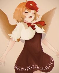 Rule 34 | 1girl, :d, animal, animal on head, bird, bird on head, bird tail, bird wings, blonde hair, blush, breasts, brown dress, chick, covered navel, dress, closed eyes, happy, highres, multicolored hair, neck ribbon, niwatari kutaka, on head, open mouth, orange background, puffy short sleeves, puffy sleeves, red hair, red ribbon, ribbon, rinmaru0213, shirt, short sleeves, small breasts, smile, tail, touhou, two-tone hair, white shirt, wings