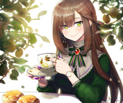 Rule 34 | 1girl, artist name, blush, bow, bowtie, braid, breasts, brown hair, closed mouth, commentary request, cup, dress, ear piercing, fingernails, food, fruit, gem, glint, green dress, green eyes, green ribbon, holding, holding cup, jewelry, leaf, lemon, long fingernails, long hair, medium breasts, mole, mole under eye, mole under mouth, nail polish, neck ribbon, noixen, original, piercing, plant, purple nails, red gemstone, ribbon, ring, saucer, smile, solo, striped bow, striped bowtie, striped clothes, striped neckwear, striped ribbon, table, teacup, upper body, very long hair, watch, wristwatch