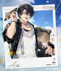 Rule 34 | 1boy, aki (neural cloud), artist request, black jacket, box, bracelet, brown hair, character name, copyright name, gift, gift box, girls&#039; frontline, girls&#039; frontline neural cloud, hat, highres, holding, holding gift, holding stuffed toy, jacket, jewelry, looking at viewer, male focus, mouth hold, muscular, muscular male, official art, outdoors, polaroid, ring, scar, scar on face, scarf, shirt, short hair, sky, smile, solo, stuffed animal, stuffed toy, teddy bear, upper body, valentine, white scarf, white shirt