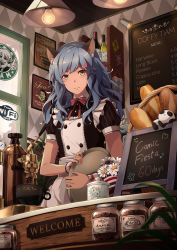 Rule 34 | 1girl, animal ears, baguette, basket, blue hair, bow, bowtie, bread, cat ears, character request, coffee beans, coffee cup, coffee maker, comic fiesta, cup, disposable cup, flower, food, hair ornament, hairclip, highres, holding, holding tray, jar, lamp, light bulb, long hair, looking at viewer, menu board, ng (chaoschyan), red bow, red bowtie, red ribbon, ribbon, smile, solo, tray, yellow eyes