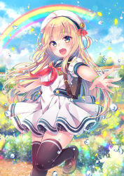 Rule 34 | 1girl, :d, backpack, bag, beret, black sailor collar, blonde hair, blue sky, blurry, blurry background, breasts, brown footwear, brown thighhighs, cloud, cloudy sky, commentary request, day, detached sleeves, dress, fang, hat, loafers, long hair, looking at viewer, moe2019, neckerchief, nemuri nemu, open mouth, original, outdoors, outstretched arm, petals, pleated dress, puffy short sleeves, puffy sleeves, rainbow, red neckerchief, red ribbon, ribbon, sailor collar, sailor dress, shoes, short sleeves, sky, small breasts, smile, solo, standing, standing on one leg, thighhighs, very long hair, water drop, white hat, yellow eyes