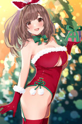 Rule 34 | 1girl, :d, bare shoulders, bell, blurry, blurry background, blush, bow, box, breasts, brown eyes, brown hair, christmas, christmas lights, christmas ornaments, christmas tree, cleavage, clothing cutout, collar, fur-trimmed leotard, fur trim, garter straps, gift, gift box, gloves, green neckwear, hair bow, half gloves, high ponytail, holding, holding gift, idolmaster, idolmaster shiny colors, koukoku, large breasts, leotard, long hair, looking at viewer, neck bell, open mouth, ponytail, red bow, red gloves, red thighhighs, santa costume, side-tie leotard, sleeveless, smile, solo, strapless, thighhighs, tsukioka kogane, underboob, underboob cutout