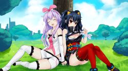 Rule 34 | 2girls, :o, bare shoulders, black dress, black hair, blush, bow, breasts, cleavage, closed mouth, collarbone, cosplay, day, dress, closed eyes, female focus, forest, full body, hair ornament, hair ribbon, hairband, holding hands, highres, japanese clothes, kaguya luna, kaguya luna (character) (cosplay), kimono, kizuna ai, kizuna ai (cosplay), kizuna ai inc., long hair, looking at viewer, medium breasts, multiple girls, nature, navel, nepgear, neptune (series), open mouth, outdoors, purple hair, red eyes, ribbon, sereneandsilent, shoes, short shorts, shorts, sitting, sky, smile, tears, the moon studio, thighhighs, thighs, tongue, tree, two side up, uni (neptunia), virtual youtuber, yuri, zettai ryouiki