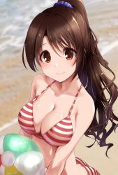 Rule 34 | ass, ball, beach, beachball, bikini, blurry, blurry background, breasts, brown eyes, brown hair, cleavage, collarbone, commentary request, highres, holding, holding ball, idolmaster, idolmaster cinderella girls, large breasts, light blush, long hair, looking at viewer, navel, outdoors, paopao, ponytail, purple scrunchie, red bikini, scrunchie, shimamura uzuki, smile, solo, stomach, striped bikini, striped clothes, swimsuit, upper body, water