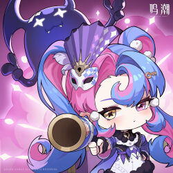 1girl aiming aiming_at_viewer black_collar blue_hair chibi chibi_only chinese_commentary closed_mouth collar commentary_request dress eye_mask fur-trimmed_dress fur_trim gun hand_on_own_hip heterochromia highres holding holding_gun holding_weapon key_hair_ornament light_blush long_hair looking_at_viewer mask mask_on_head multicolored_hair official_art pero_(wuthering_waves) pink_eyes pink_hair roccia_(wuthering_waves) symbol-shaped_pupils twintails two-tone_hair weapon white_dress wuthering_waves x-shaped_pupils yellow_eyes