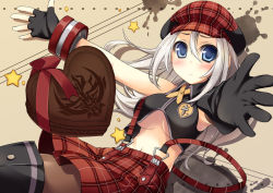 Rule 34 | 10s, 1girl, alisa ilinichina amiella, amanooni touri, amaotouri, bad id, bad pixiv id, blue eyes, boots, breasts, chocolate, fingerless gloves, flapper shirt, gloves, god eater, god eater burst, hat, heart, outstretched arms, outstretched hand, pantyhose, reaching, shirt, skirt, solo, suspender skirt, suspenders, thigh boots, thighhighs, underboob, valentine, white hair