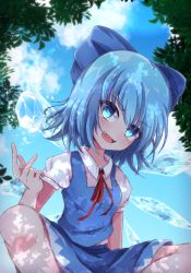 Rule 34 | 1girl, blue bow, blue hair, blue skirt, blue sky, blue theme, blue vest, bow, cirno, cloud, collared shirt, commentary, day, hair bow, head tilt, highres, ice, ice wings, looking at viewer, neck ribbon, open mouth, puffy short sleeves, puffy sleeves, red ribbon, ribbon, shen li, shirt, short sleeves, sitting, skirt, skirt set, sky, solo, symbol-only commentary, touhou, tree, vest, white shirt, wings