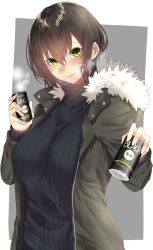 Rule 34 | 1girl, black hair, black sweater, breasts, can, canned coffee, commentary request, drink can, fur-trimmed jacket, fur trim, green eyes, green jacket, highres, holding, holding can, jacket, large breasts, looking at viewer, onineko-chan, open clothes, open jacket, original, ribbed sweater, short hair, smile, solo, sweater, turtleneck, turtleneck sweater