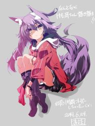 Rule 34 | 1girl, animal ear fluff, animal ears, blush, boots, dated, fox ears, fox girl, fox tail, grey background, highres, holding legs, hood, hoodie, long hair, looking at viewer, original, oruta (owata saber), purple hair, signature, simple background, solo, tail, yellow eyes