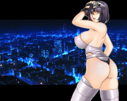 Rule 34 | 00s, 1girl, 3d, armpits, ass, back, bare shoulders, belt, black gloves, breasts, building, cityscape, covered erect nipples, female focus, fingerless gloves, from side, gaden, ghost in the shell, ghost in the shell stand alone complex, gloves, glowing, grey thighhighs, hair between eyes, hand up, head-mounted display, highleg, highleg leotard, huge breasts, kusanagi motoko, legs apart, leotard, letterboxed, lights, lipstick, looking at viewer, looking back, makeup, night, night sky, outline, pink eyes, purple eyes, purple hair, red eyes, shiny clothes, shiny skin, short hair, sideboob, sky, solo, standing, strapless, strapless leotard, thighhighs, thighs, thong, thong leotard