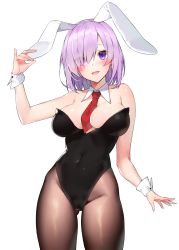 Rule 34 | 1girl, :d, absurdres, animal ears, arm up, bare arms, bare shoulders, between breasts, black leotard, blush, breasts, brown pantyhose, cleavage, commission, covered navel, cowboy shot, detached collar, eyes visible through hair, fake animal ears, fate/grand order, fate (series), gluteal fold, hair over one eye, highleg, highleg leotard, highres, ia (ias1010), large breasts, leotard, looking at viewer, mash kyrielight, necktie, necktie between breasts, open mouth, pantyhose, pixiv commission, purple eyes, purple hair, rabbit ears, red necktie, short hair, simple background, smile, solo, strapless, strapless leotard, white background, wrist cuffs
