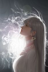 Rule 34 | 1girl, absurdres, backlighting, choker, earrings, from side, highres, huge filesize, jewelry, lips, long hair, looking up, original, profile, grey eyes, silver hair, smoke, solo, upper body, usukuchi (impasto life), white choker
