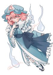 Rule 34 | 1girl, amami (ama333), blue dress, blue hat, bow, bowtie, dress, frilled dress, frilled sleeves, frills, full body, hand on own face, hat, highres, light blush, looking at viewer, mob cap, open mouth, pink eyes, pink hair, saigyouji yuyuko, short hair, signature, simple background, solo, touhou, twitter username, white background