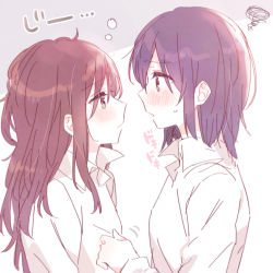 Rule 34 | 2girls, absurdres, adachi sakura, adachi to shimamura, black hair, blush, brown hair, collared shirt, dress shirt, eye contact, from side, grey background, hair between eyes, highres, implied yuri, long hair, long sleeves, looking at another, multiple girls, parted lips, profile, purple eyes, shimamura hougetsu, shirt, sorimachi-doufu, squiggle, translation request, two-tone background, very long hair, white background, white shirt