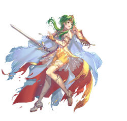 Rule 34 | 1girl, armor, breastplate, cape, crown, damaged, elincia ridell crimea, elincia ridell crimea (undaunted queen), fingerless gloves, fire emblem, fire emblem: radiant dawn, fire emblem heroes, fujikawa arika, gloves, gold dress, gold gloves, gold trim, green eyes, green hair, hair bun, high heels, nintendo, official alternate costume, official art, parted lips, shoulder armor, solo, sword, torn clothes, weapon, white cape, white footwear, yellow leggings