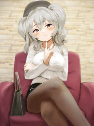 Rule 34 | 1girl, absurdres, arm under breasts, bag, beret, black hat, black skirt, blush, breasts, brown pantyhose, closed mouth, commentary, crossed legs, finger to own chin, grey eyes, hair between eyes, handbag, hat, highres, honmakaina kudou, kantai collection, kashima (kancolle), large breasts, long hair, long sleeves, looking at viewer, pantyhose, shirt, silver hair, sitting, skirt, smile, solo, twintails, white shirt